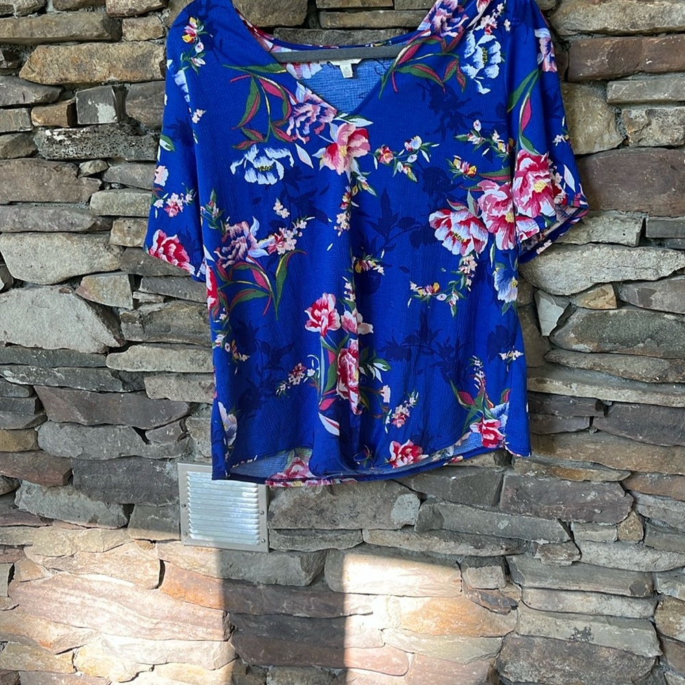 Lucky Brand Flutter Sleeve Floral Blouse Blue Pink